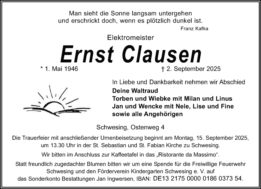  Traueranzeige für Ernst Clausen vom 05.09.2025 aus Husumer Nachrichten, Nordfriesland Tageblatt