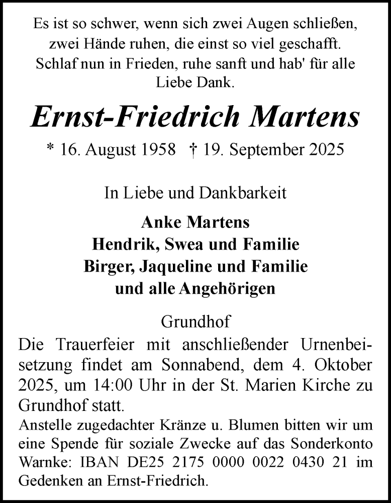  Traueranzeige für Ernst-Friedrich Martens vom 26.09.2025 aus Flensburger Tageblatt