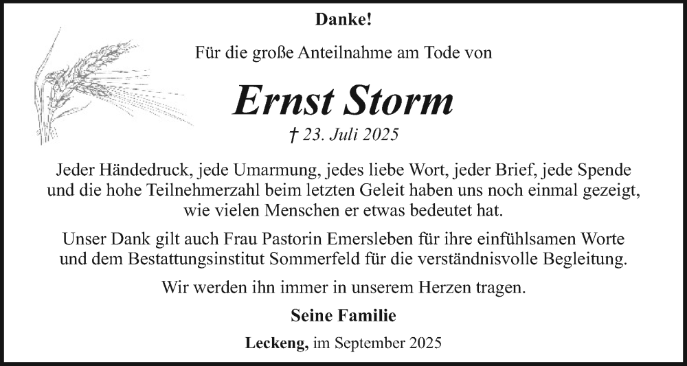  Traueranzeige für Ernst Storm vom 10.09.2025 aus Region Flensburg