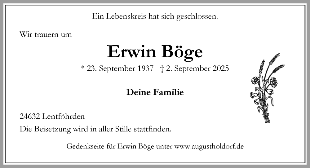  Traueranzeige für Erwin Böge vom 13.09.2025 aus Umschau