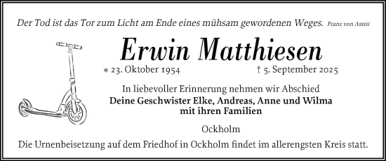 Traueranzeige von Erwin Matthiesen von Husumer Nachrichten, Nordfriesland Tageblatt