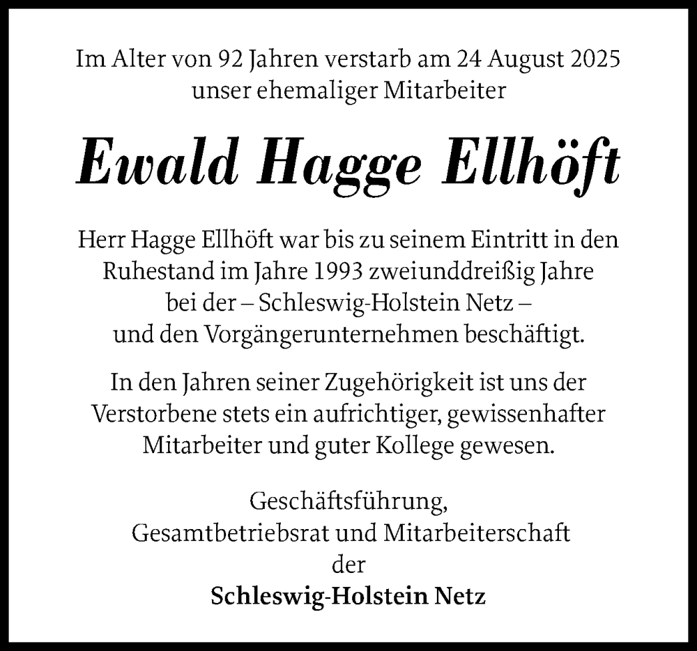  Traueranzeige für Ewald Hagge Ellhöft vom 13.09.2025 aus Schleswiger Nachrichten, Schlei-Bote