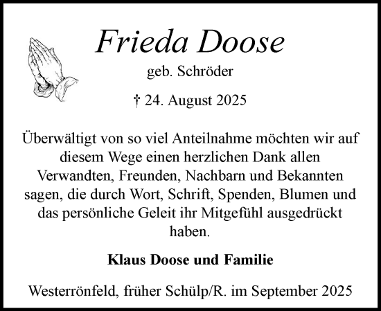 Traueranzeige von Frieda Doose von Schleswig-Holsteinische Landeszeitung