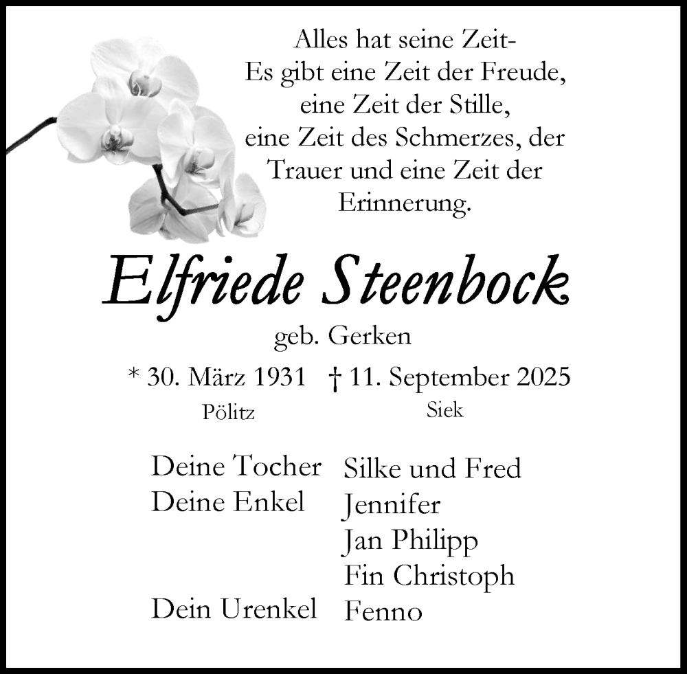  Traueranzeige für Friede Steenbock vom 20.09.2025 aus MARKT Ahrensburg/Bargteheide/Trittau und Stormarner Tageblatt