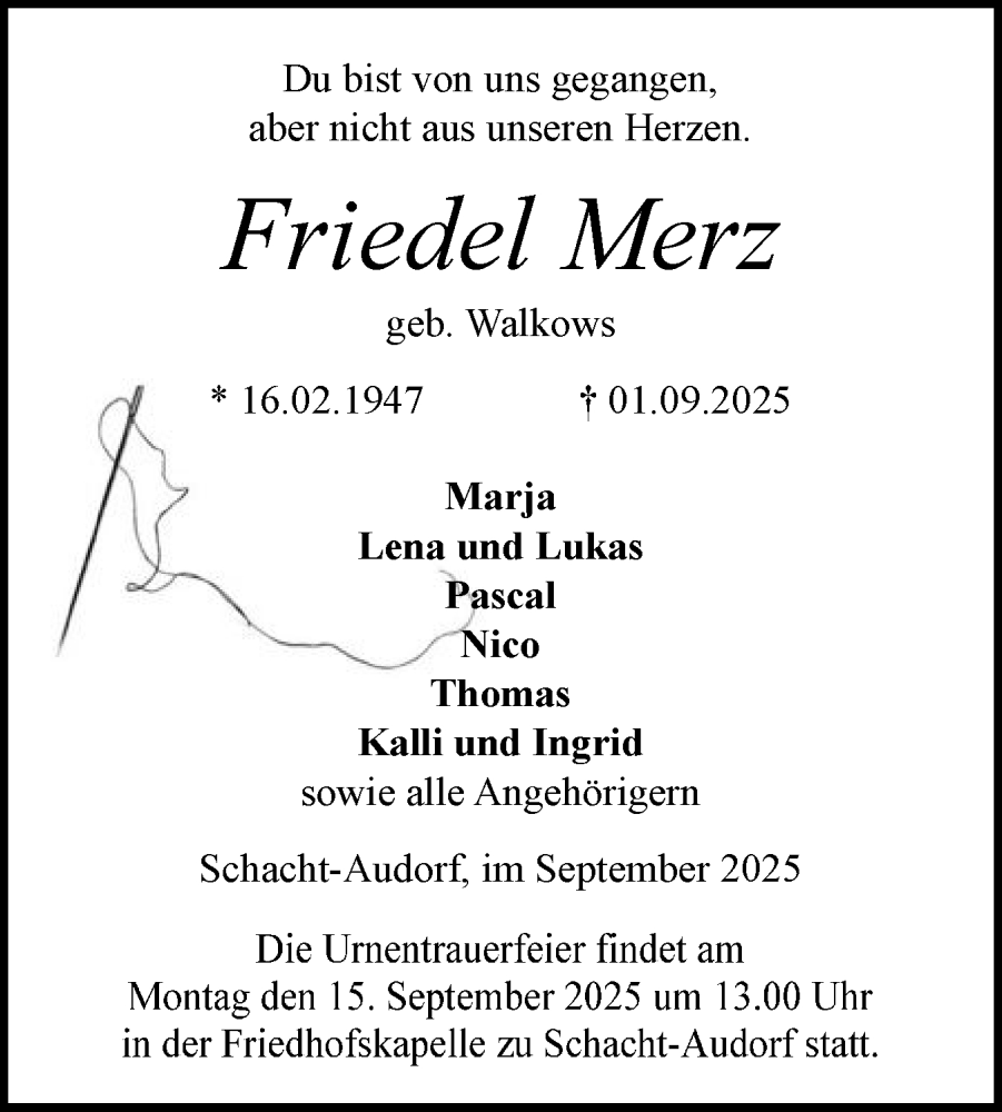  Traueranzeige für Friedel Merz vom 06.09.2025 aus Schleswig-Holsteinische Landeszeitung