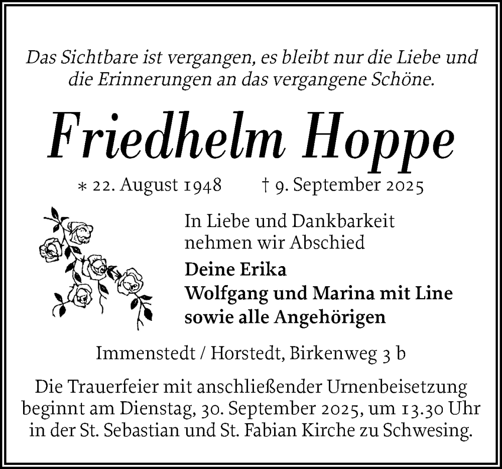  Traueranzeige für Friedhelm Hoppe vom 16.09.2025 aus Husumer Nachrichten, Nordfriesland Tageblatt