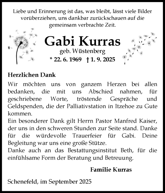 Traueranzeige von Gabi Kurras von Norddeutsche Rundschau, Wilstersche Zeitung, Glückstädter Fortuna