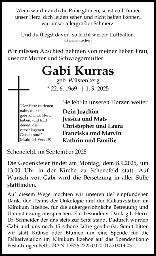Traueranzeige von Gabi Kurras von Norddeutsche Rundschau, Wilstersche Zeitung, Glückstädter Fortuna