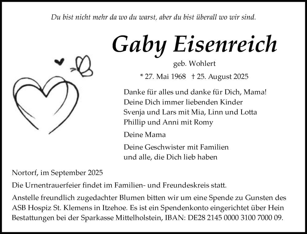  Traueranzeige für Gaby Eisenreich vom 06.09.2025 aus Schleswig-Holsteinische Landeszeitung