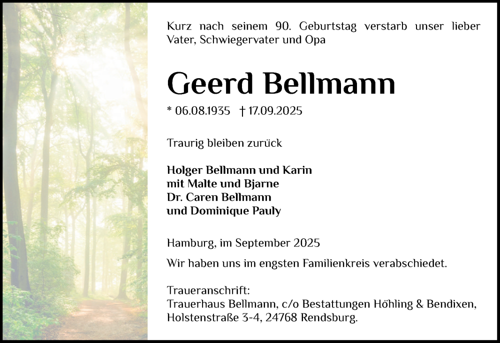  Traueranzeige für Geerd Bellmann vom 27.09.2025 aus Eckernförder Zeitung, Hallo Eckernförde