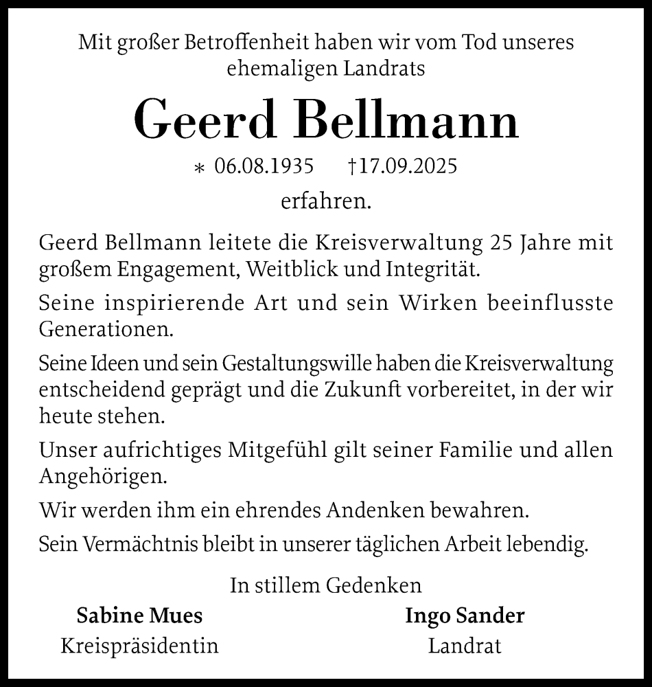  Traueranzeige für Geerd Bellmann vom 27.09.2025 aus Schleswig-Holsteinische Landeszeitung