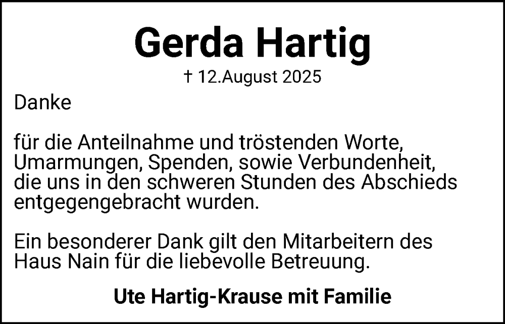  Traueranzeige für Gerda Hartig vom 13.09.2025 aus Schleswiger Nachrichten, Schlei-Bote