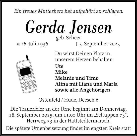 Traueranzeige von Gerda Jensen von Husumer Nachrichten, Nordfriesland Tageblatt