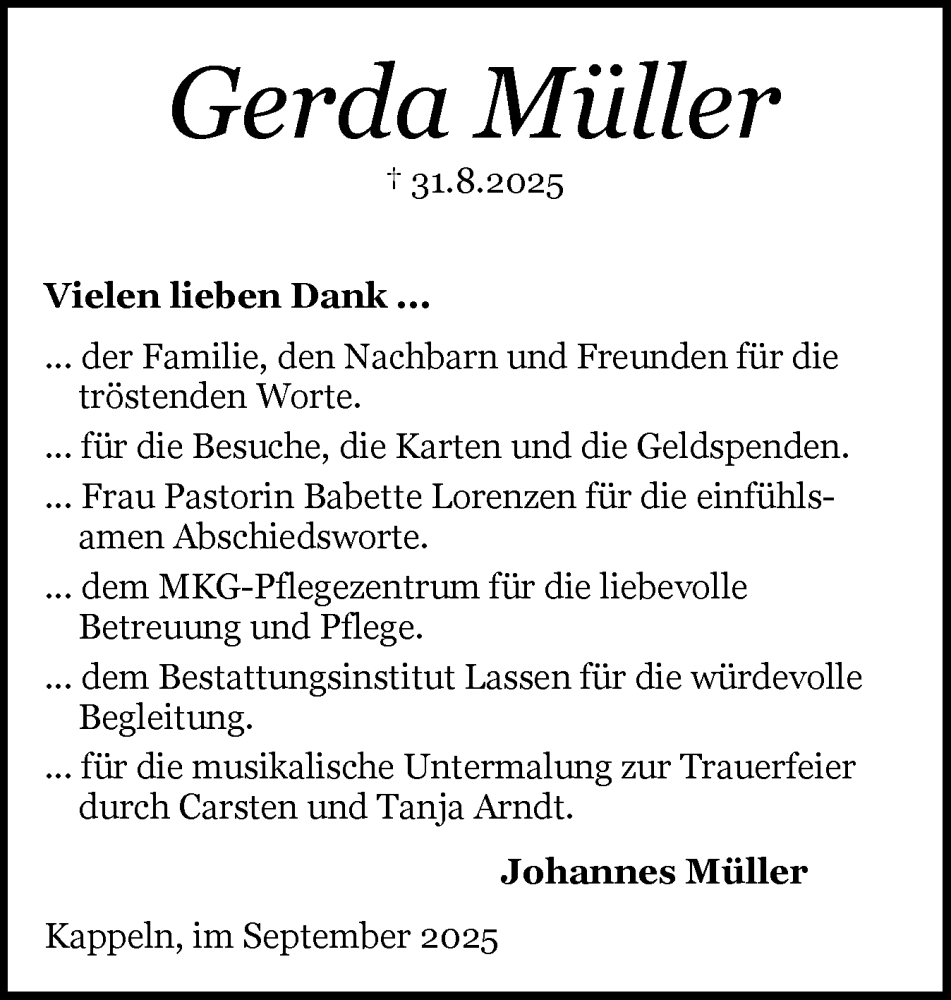  Traueranzeige für Gerda Müller vom 27.09.2025 aus Schleswiger Nachrichten, Schlei-Bote