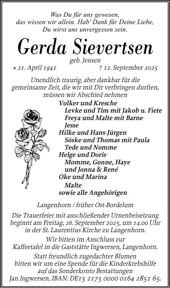  Traueranzeige für Gerda Sievertsen vom 19.09.2025 aus Husumer Nachrichten, Nordfriesland Tageblatt