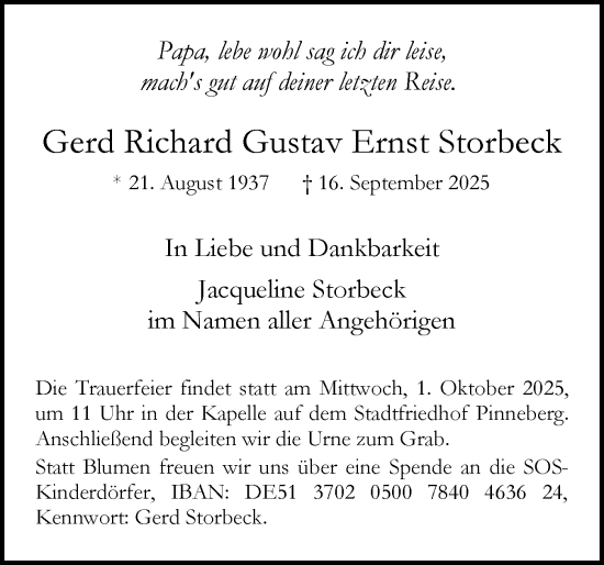 Traueranzeige von Gerd Richard Gustav Ernst Storbeck von Region Pinneberg und tip Pinneberg