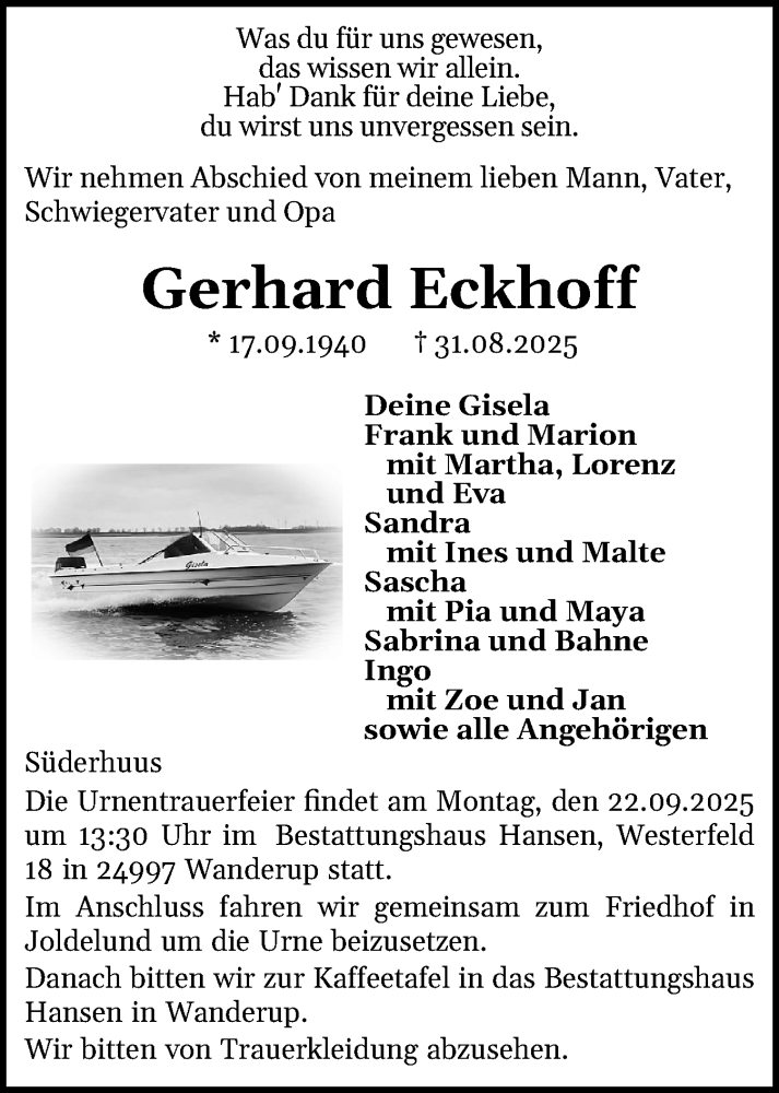  Traueranzeige für Gerhard Eckhoff vom 13.09.2025 aus Region Flensburg