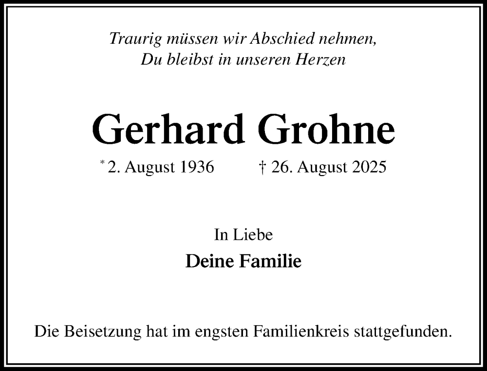  Traueranzeige für Gerhard Grohne vom 13.09.2025 aus MARKT Glinde/Reinbek