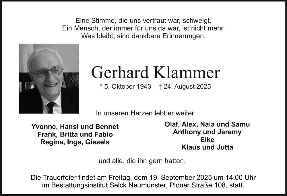  Traueranzeige für Gerhard Klammer vom 06.09.2025 aus Holsteinischer Courier