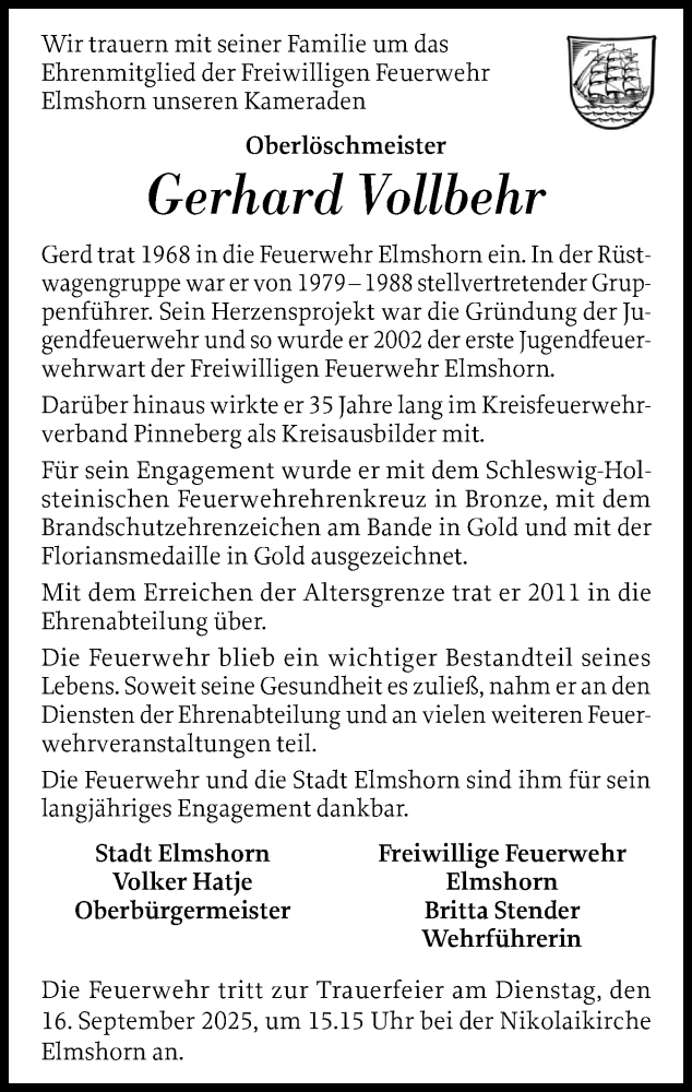  Traueranzeige für Gerhard Vollbehr vom 13.09.2025 aus Elmshorner Nachrichten, Barmstedter Zeitung