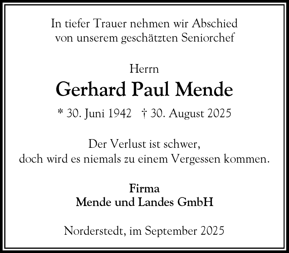  Traueranzeige für Gerhard Paul Mende vom 13.09.2025 aus Heimatspiegel