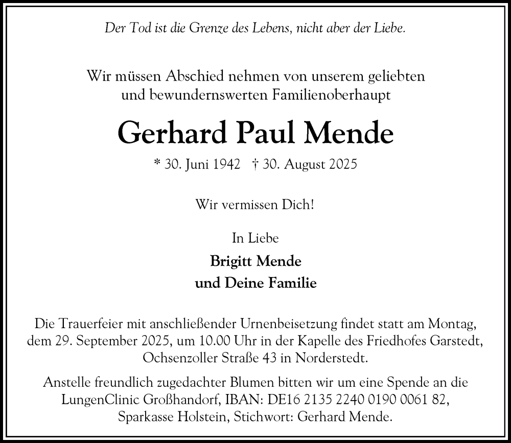  Traueranzeige für Gerhard Paul Mende vom 13.09.2025 aus Heimatspiegel