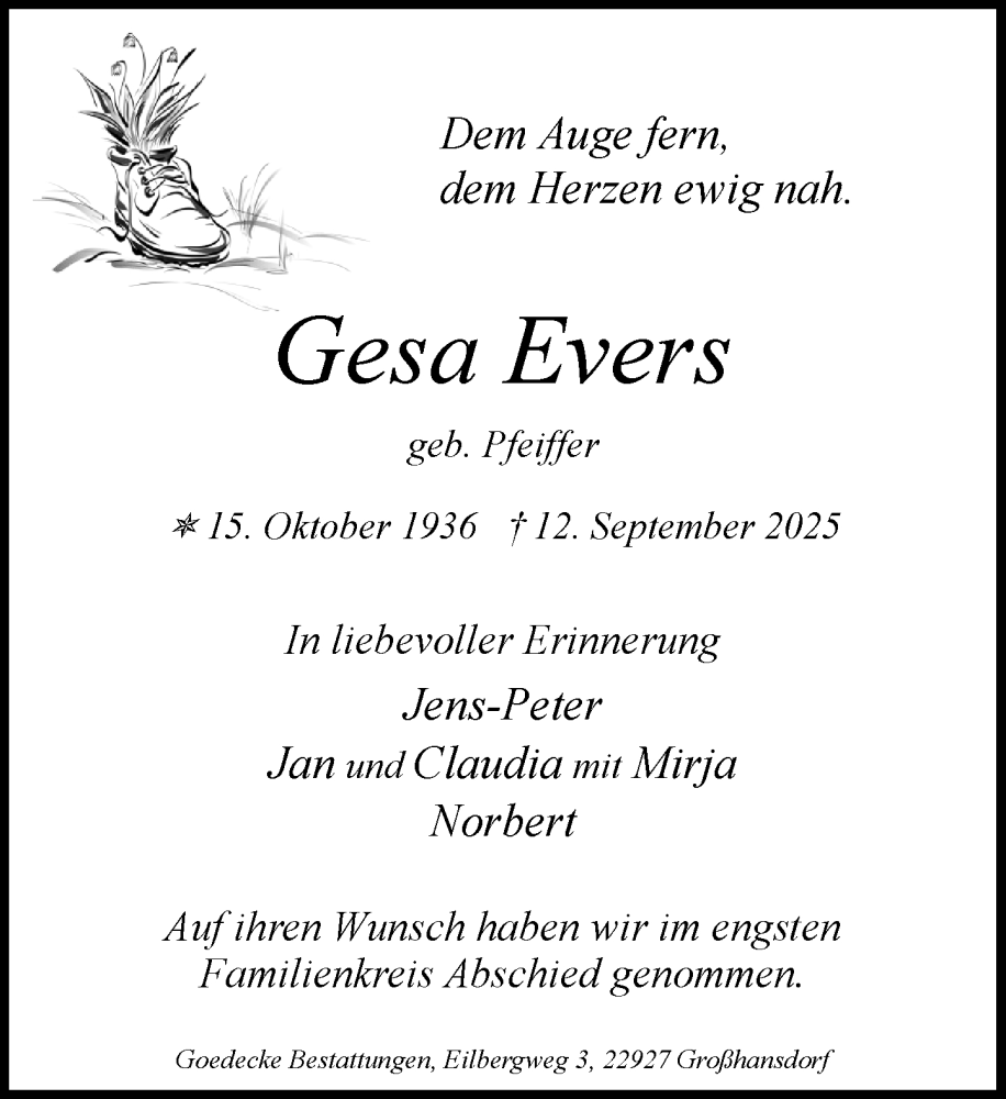  Traueranzeige für Gesa Evers vom 27.09.2025 aus MARKT Ahrensburg/Bargteheide/Trittau und Stormarner Tageblatt