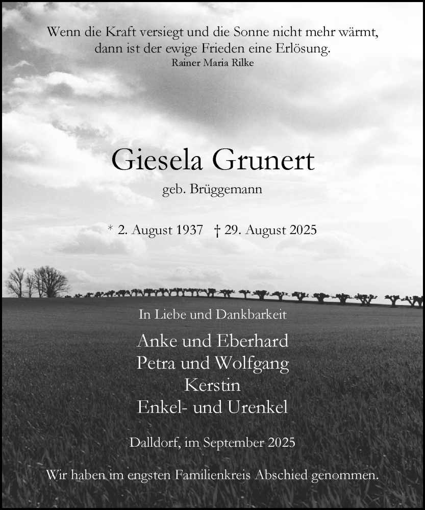  Traueranzeige für Giesela Grunert vom 27.09.2025 aus Wochenend Anzeiger