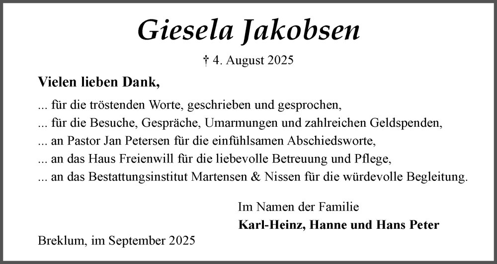  Traueranzeige für Giesela Jakobsen vom 06.09.2025 aus Husumer Nachrichten, Nordfriesland Tageblatt