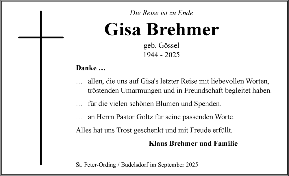  Traueranzeige für Gisa Brehmer vom 27.09.2025 aus Husumer Nachrichten, Nordfriesland Tageblatt