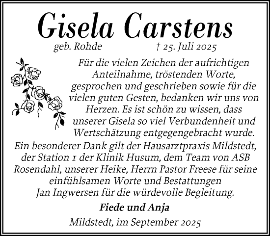 Traueranzeige von Gisela Carstens von Husumer Nachrichten, Nordfriesland Tageblatt