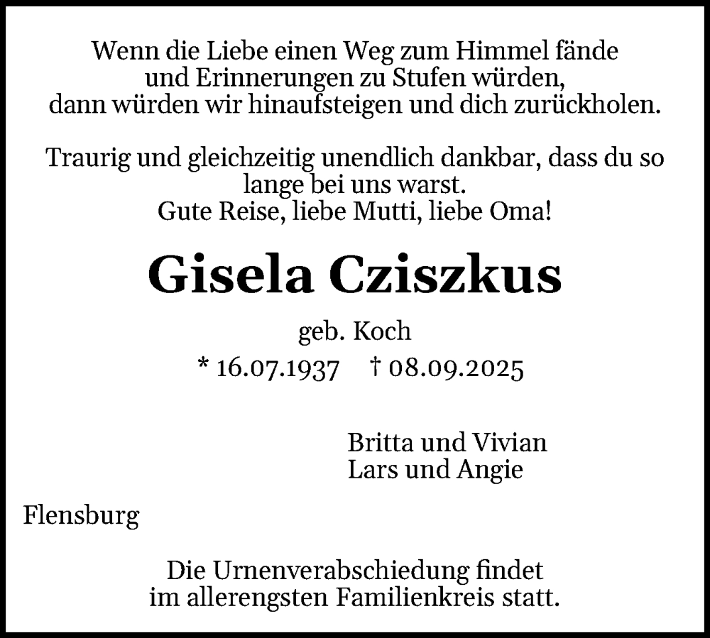  Traueranzeige für Gisela Cziszkus vom 13.09.2025 aus Flensburger Tageblatt