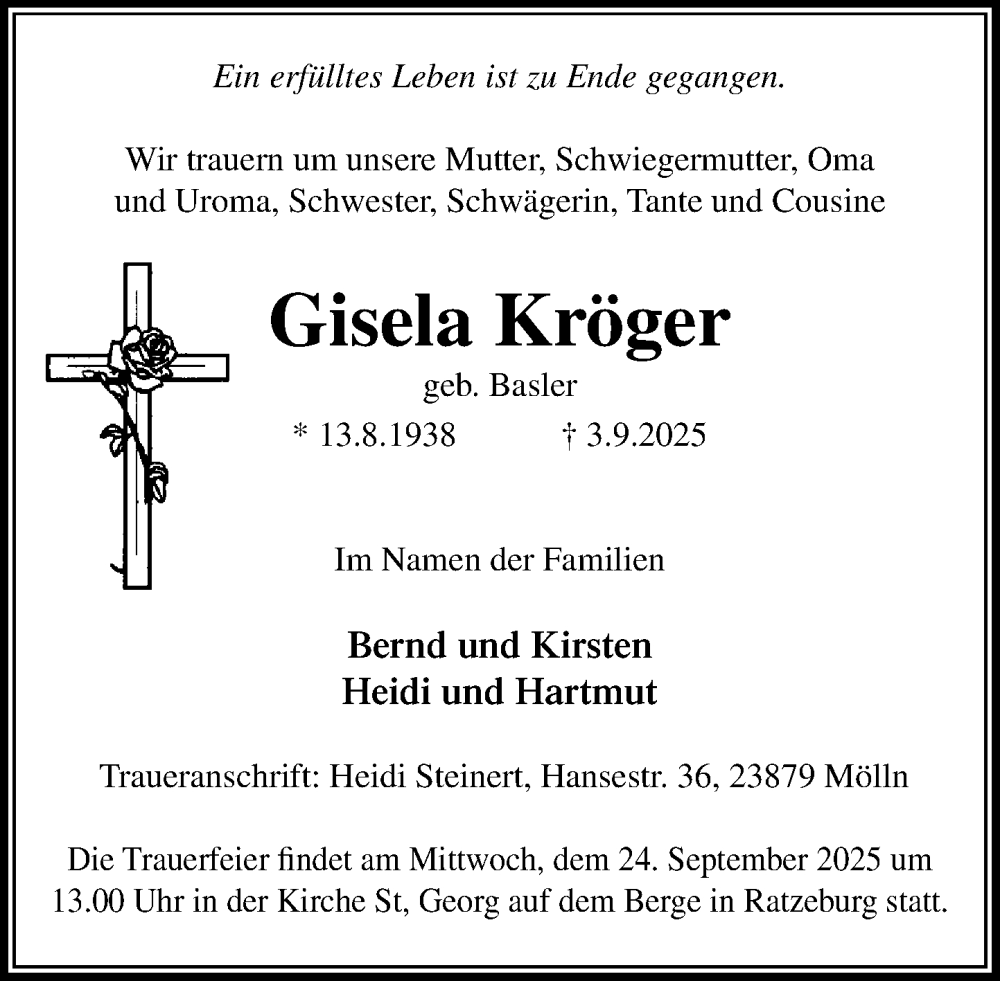  Traueranzeige für Gisela Kröger vom 13.09.2025 aus MARKT Ratzeburg/Mölln