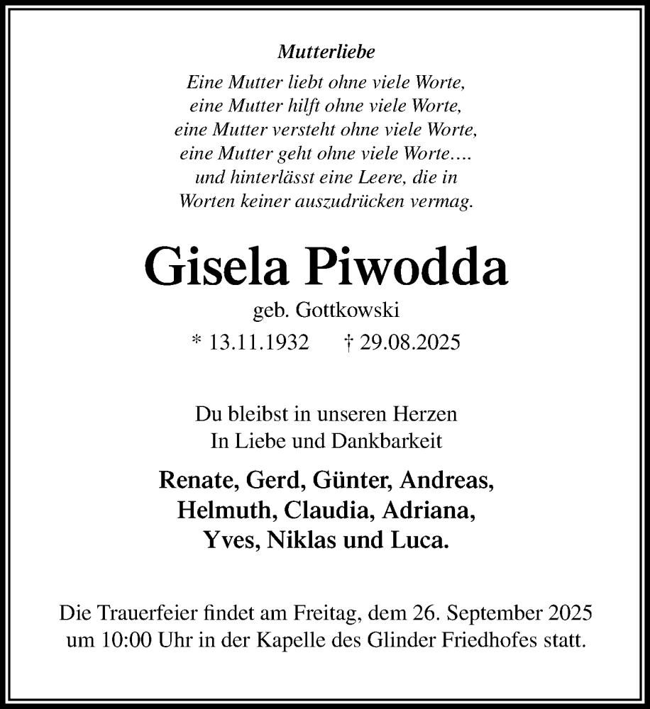  Traueranzeige für Gisela Piwodda vom 13.09.2025 aus MARKT Glinde/Reinbek