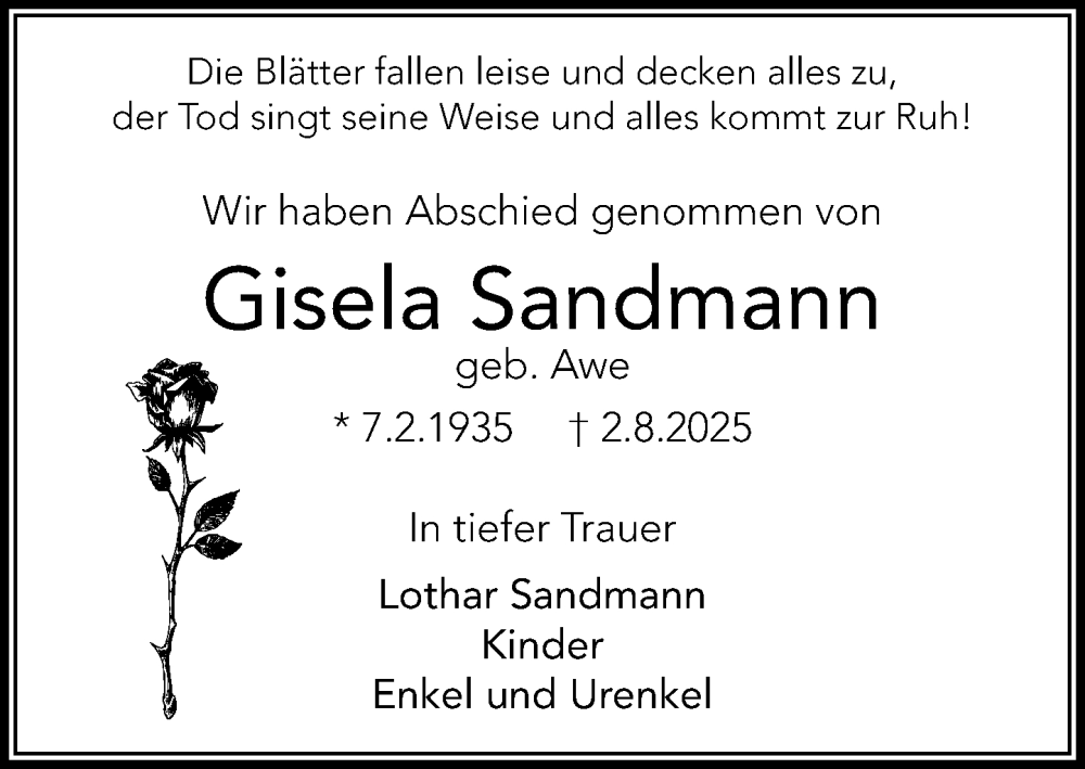  Traueranzeige für Gisela Sandmann vom 20.09.2025 aus MARKT Ratzeburg/Mölln
