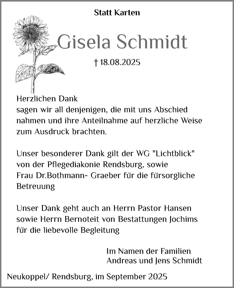  Traueranzeige für Gisela Schmidt vom 13.09.2025 aus Schleswig-Holsteinische Landeszeitung