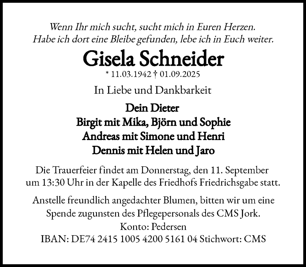  Traueranzeige für Gisela Schneider vom 06.09.2025 aus Heimatspiegel