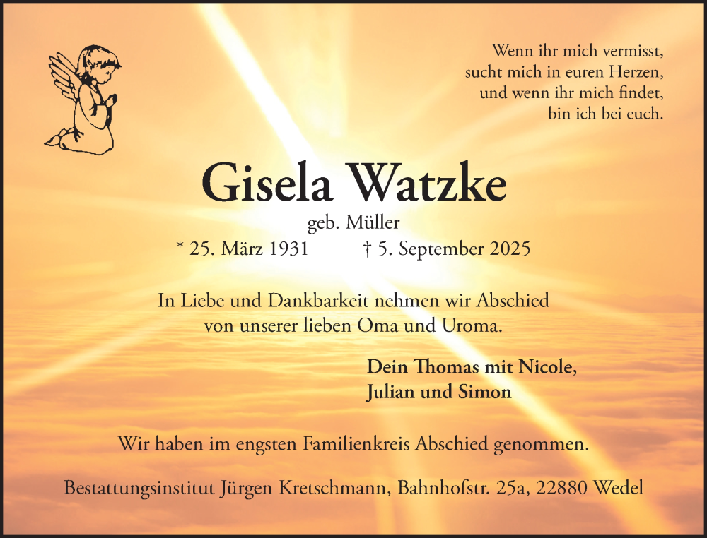 Traueranzeige für Gisela Watzke vom 20.09.2025 aus Wedel-Schulauer Tageblatt, tip Wedel-Schulauer Tageblatt, tip Rissener Rundschau
