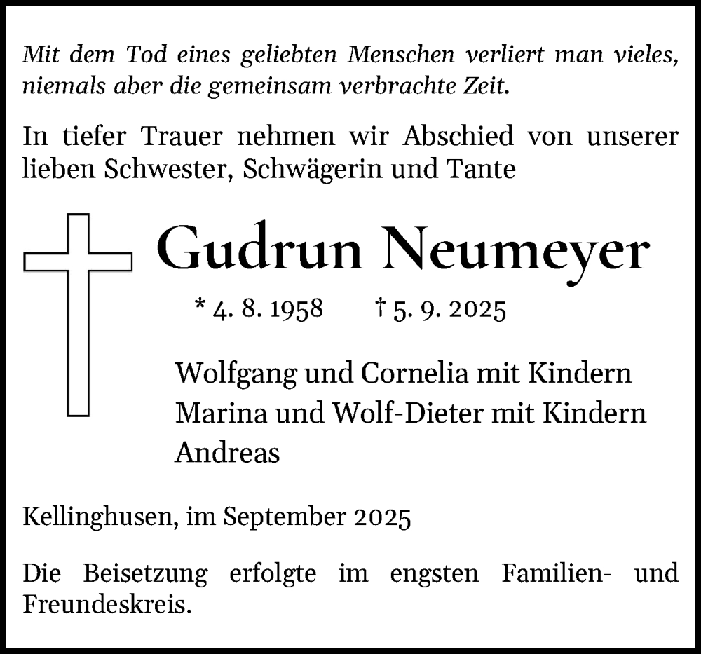  Traueranzeige für Gudrun Neumeyer vom 13.09.2025 aus Norddeutsche Rundschau, Wilstersche Zeitung, Glückstädter Fortuna