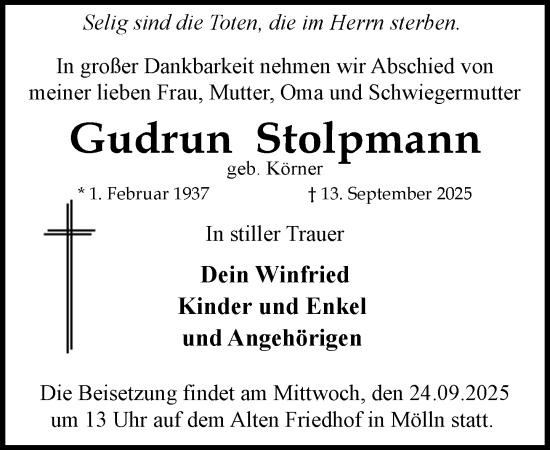 Traueranzeige von Gudrun Stolpmann von MARKT Ratzeburg/Mölln