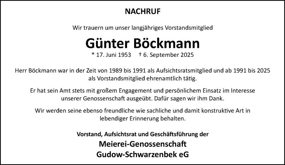  Traueranzeige für Günter Böckmann vom 20.09.2025 aus MARKT Ratzeburg/Mölln