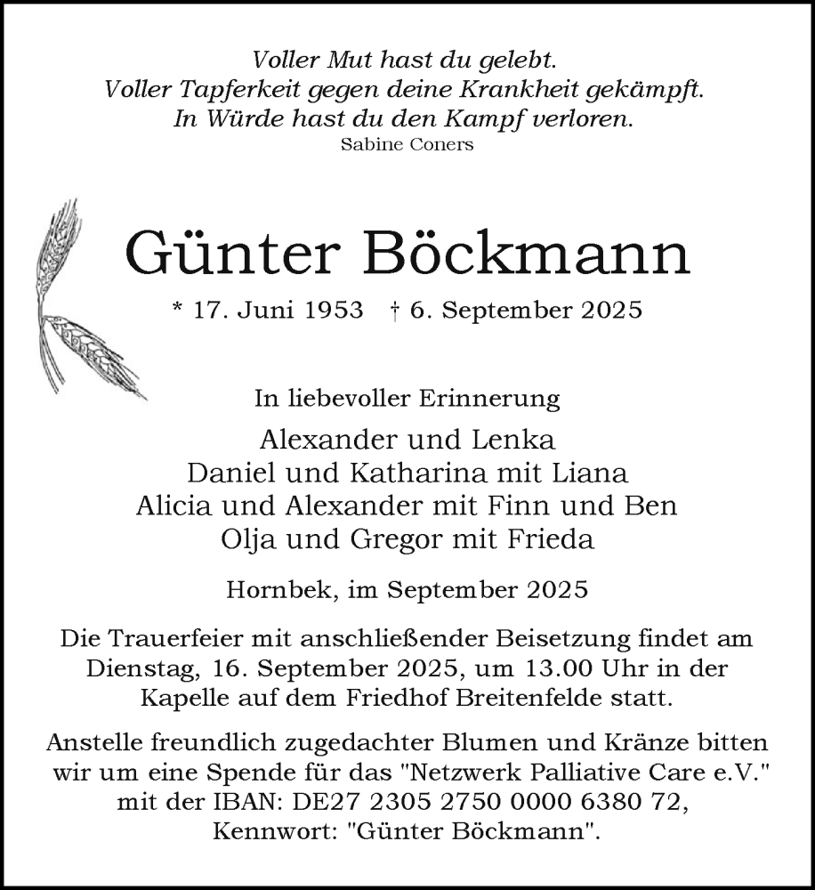  Traueranzeige für Günter Böckmann vom 13.09.2025 aus MARKT Ratzeburg/Mölln