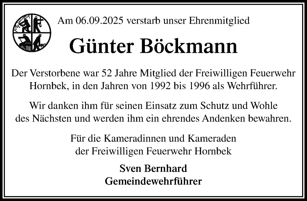 Traueranzeige für Günter Böckmann vom 20.09.2025 aus MARKT Ratzeburg/Mölln