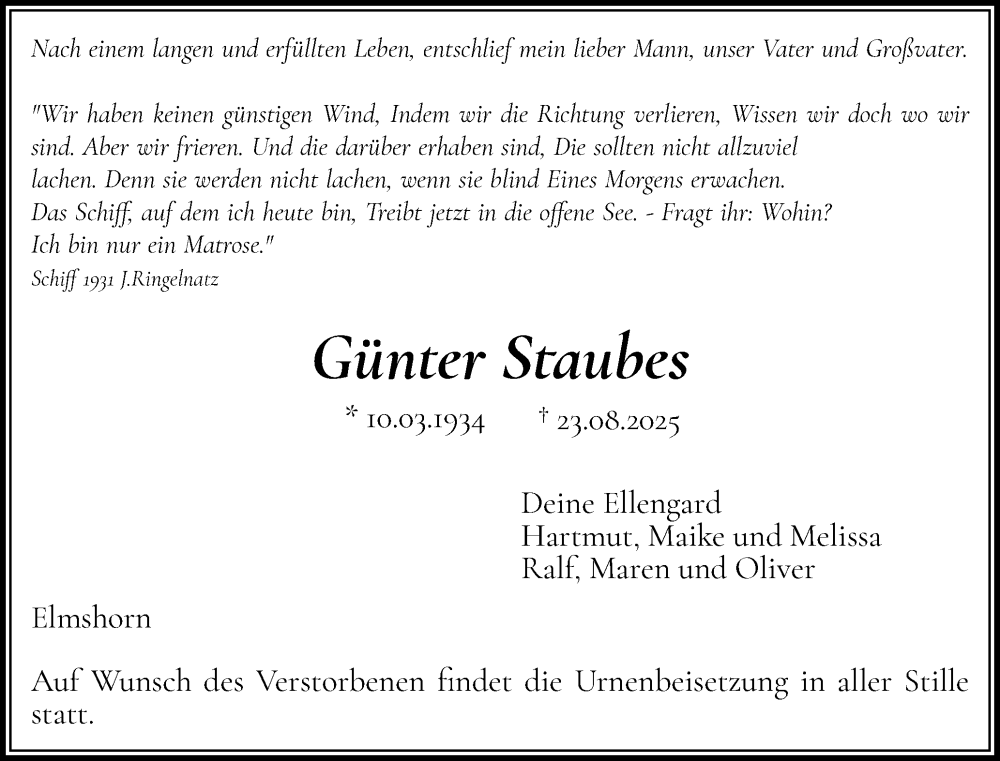  Traueranzeige für Günter Staubes vom 19.09.2025 aus Elmshorner Nachrichten, Barmstedter Zeitung