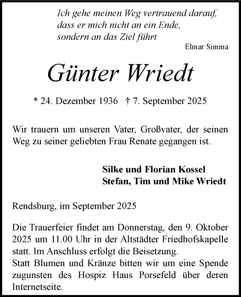  Traueranzeige für Günter Wriedt vom 13.09.2025 aus Schleswig-Holsteinische Landeszeitung