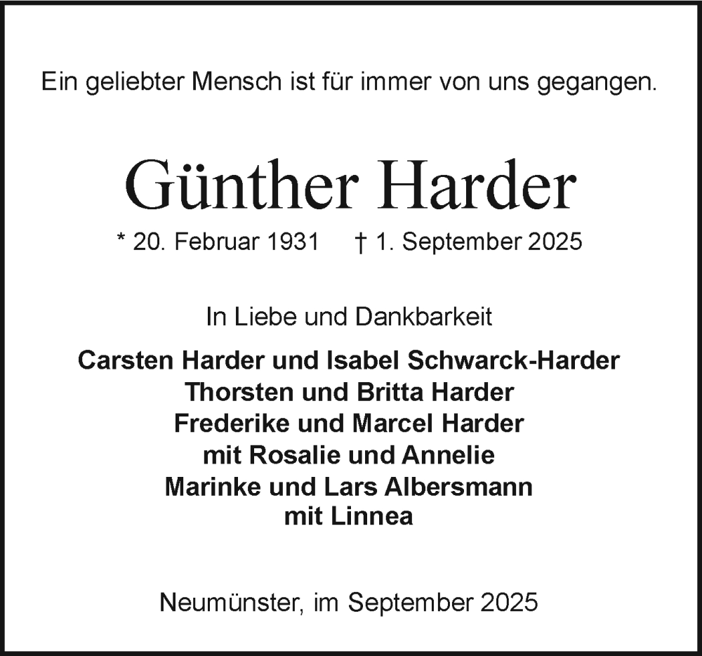  Traueranzeige für Günther Harder vom 06.09.2025 aus Holsteinischer Courier