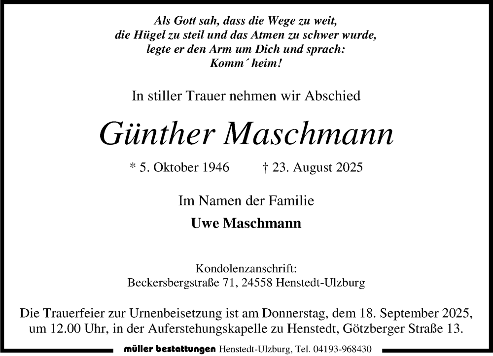  Traueranzeige für Günther Maschmann vom 13.09.2025 aus Umschau