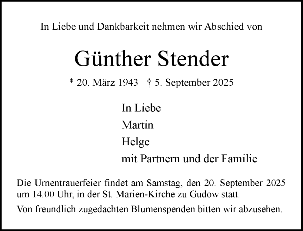  Traueranzeige für Günther Stender vom 13.09.2025 aus MARKT Ratzeburg/Mölln