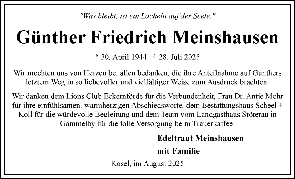  Traueranzeige für Günther Friedrich Meinshausen vom 06.09.2025 aus Eckernförder Zeitung, Hallo Eckernförde