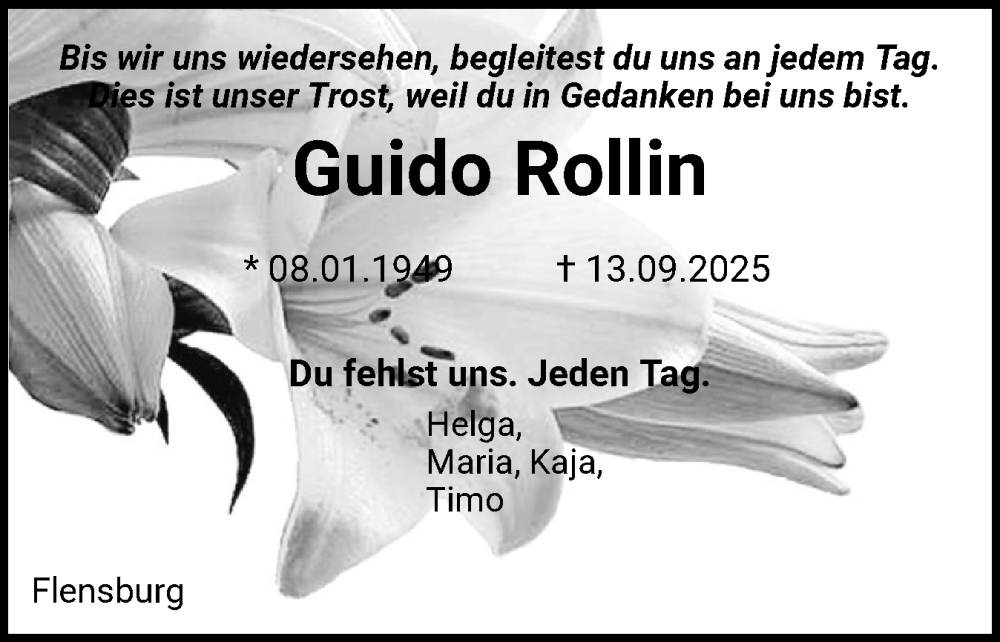  Traueranzeige für Guido Rollin vom 27.09.2025 aus Flensburger Tageblatt